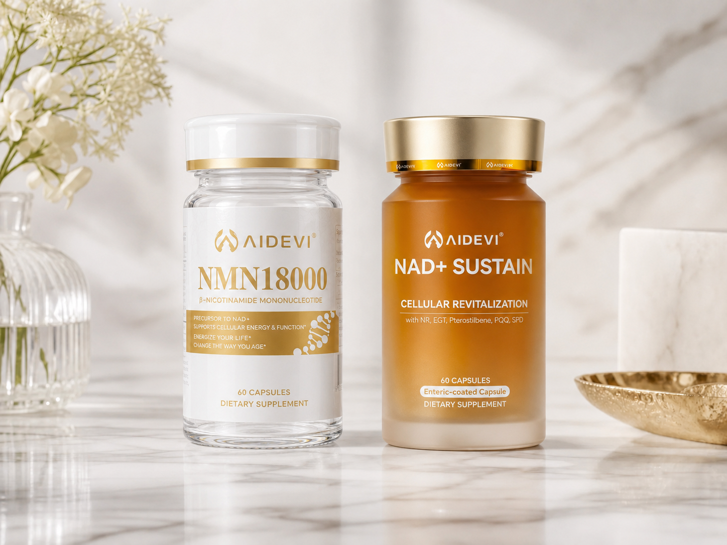 A professional product lineup shot of AIDEVI NMN 18000 and AIDEVI NMN 21000 bottles, highlighting the premium packaging and quality.